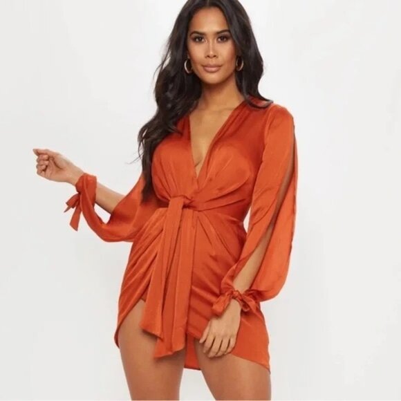 PrettyLittleThing Tie Front Mini Dress - Picture 1 of 5
